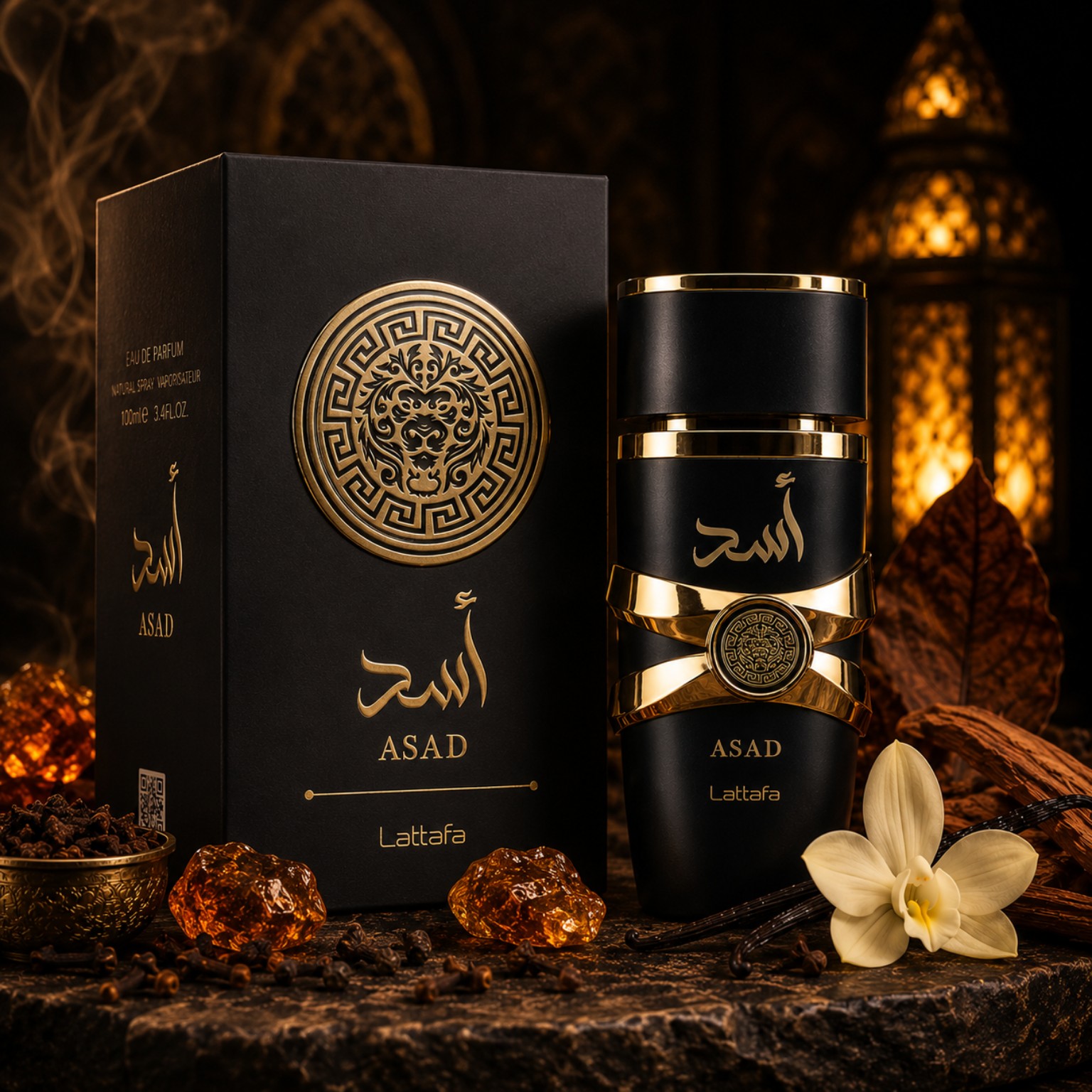 Asad Lattafa eau de parfum 100ML avec boîte originale et flacon noir dans une ambiance orientale chaude, épicée et sophistiquée
