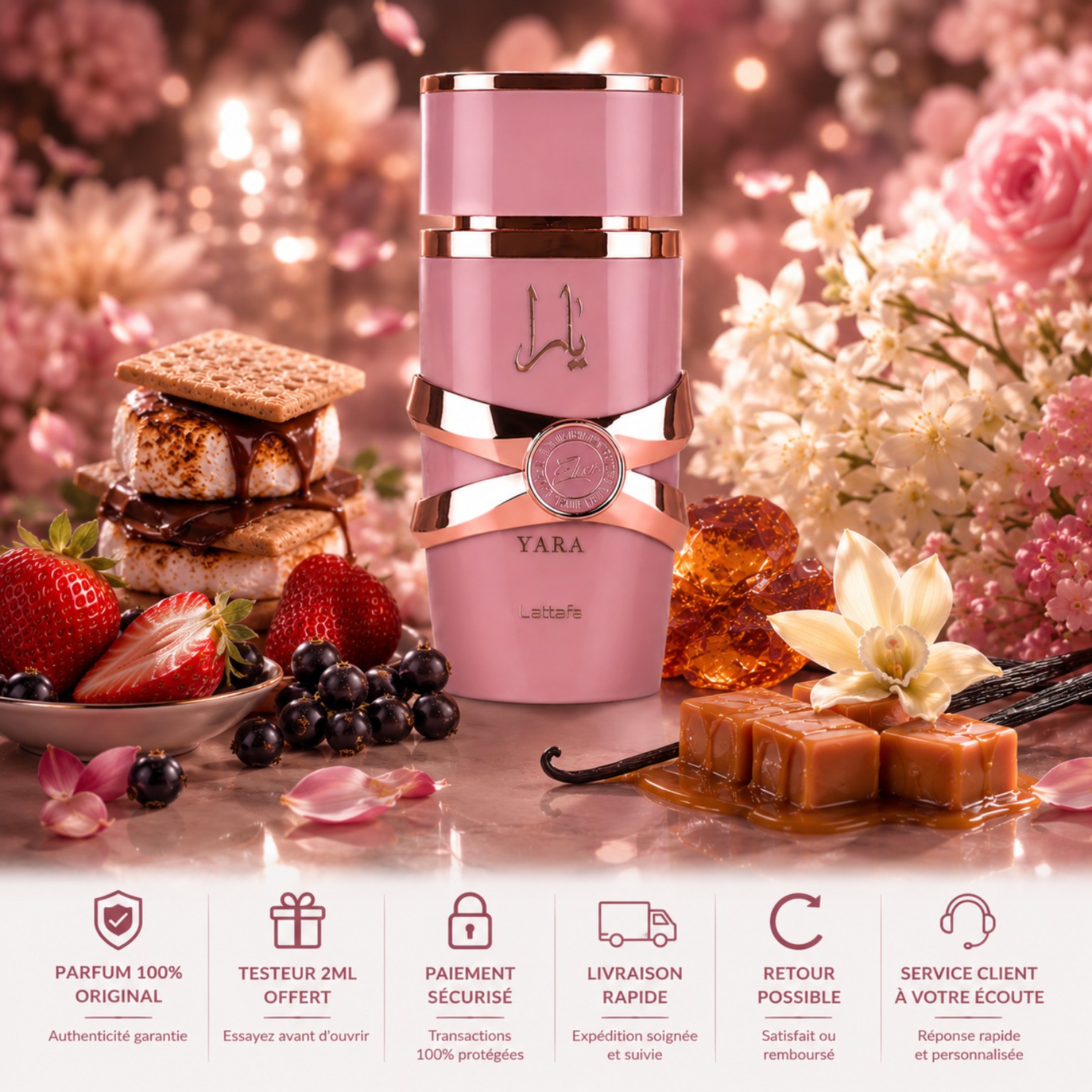 Fiche produit Yara Elixir Lattafa parfum original avec testeur 2ml offert livraison rapide retour possible et paiement sécurisé