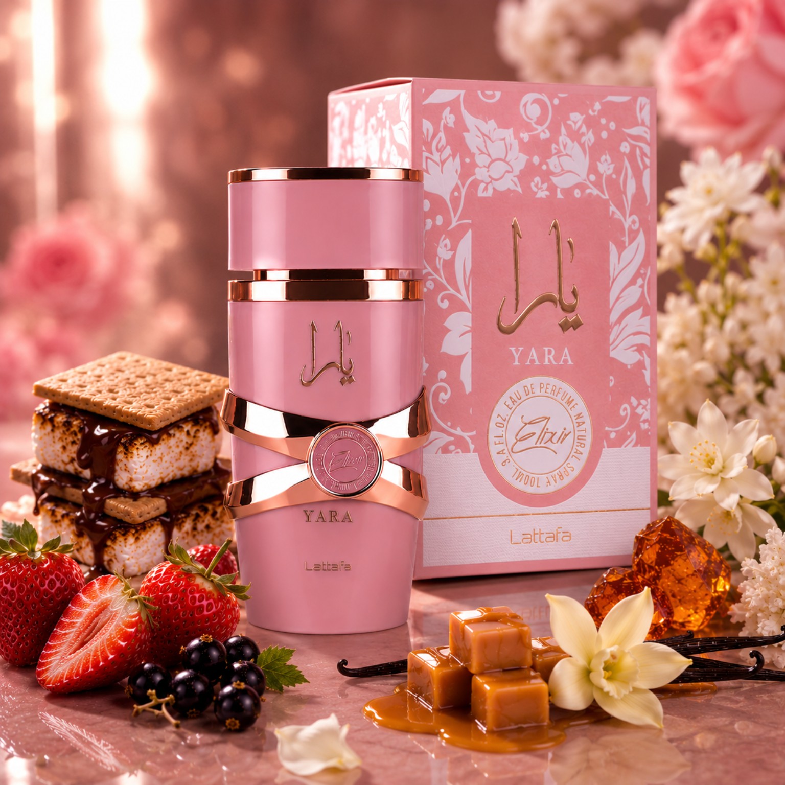 Yara Elixir Lattafa avec boîte et bouteille dans une ambiance fruitée gourmande aux notes de fraise cassis caramel vanille