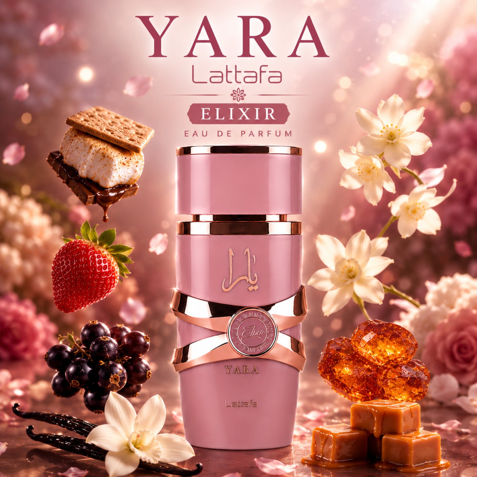 Visuel premium Yara Elixir Lattafa parfum femme fruité gourmand avec fraise cassis fleurs blanches caramel et vanille