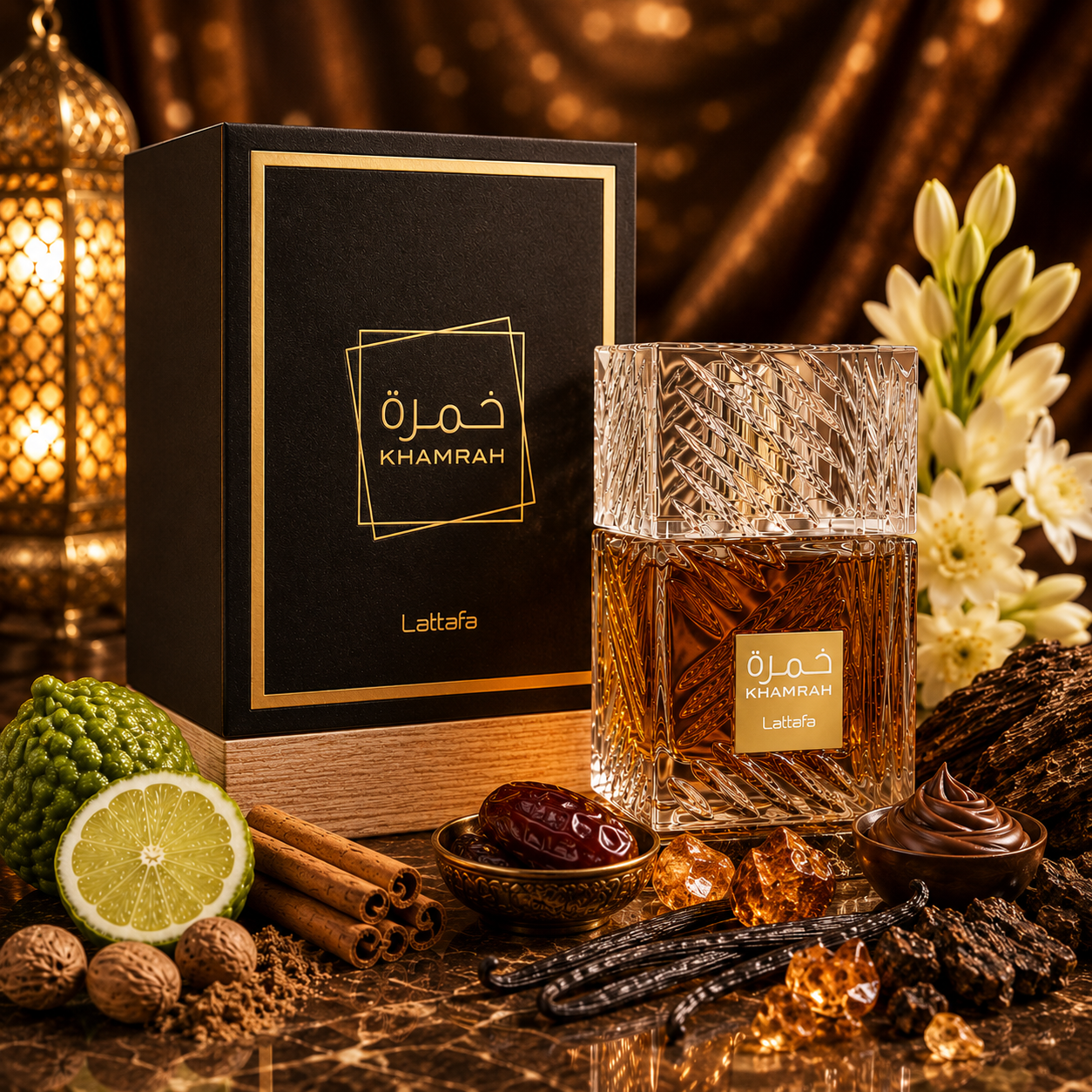 Khamrah Lattafa eau de parfum 100ML avec boîte et bouteille dans une ambiance orientale luxueuse, notes visuelles de bergamote, cannelle, dattes, vanille et bois précieux.