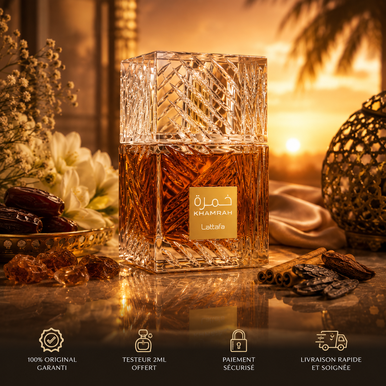 Khamrah Lattafa bouteille seule parfum oriental gourmand avec ambiance luxe dorée, dattes, fleurs blanches, épices et éléments de rassurance 100% original, testeur 2ML offert, paiement sécurisé, livraison rapide.