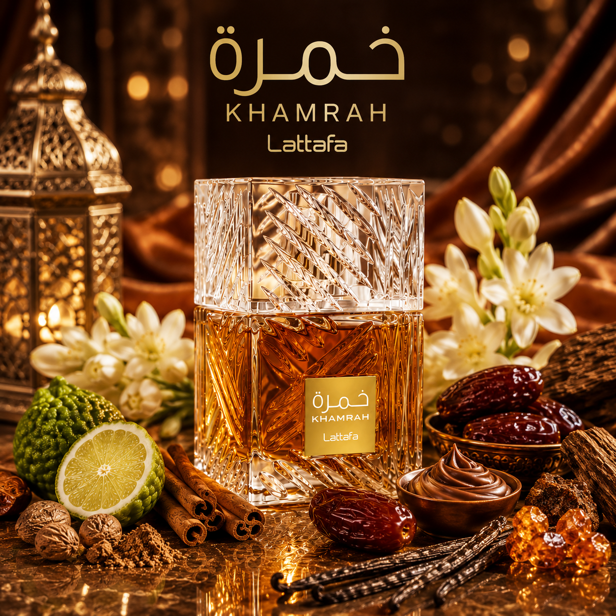 Visuel promotionnel carré Khamrah Lattafa avec bouteille mise en avant, décor oriental raffiné, dattes, épices, fleurs blanches et notes gourmandes dans une ambiance chaleureuse.