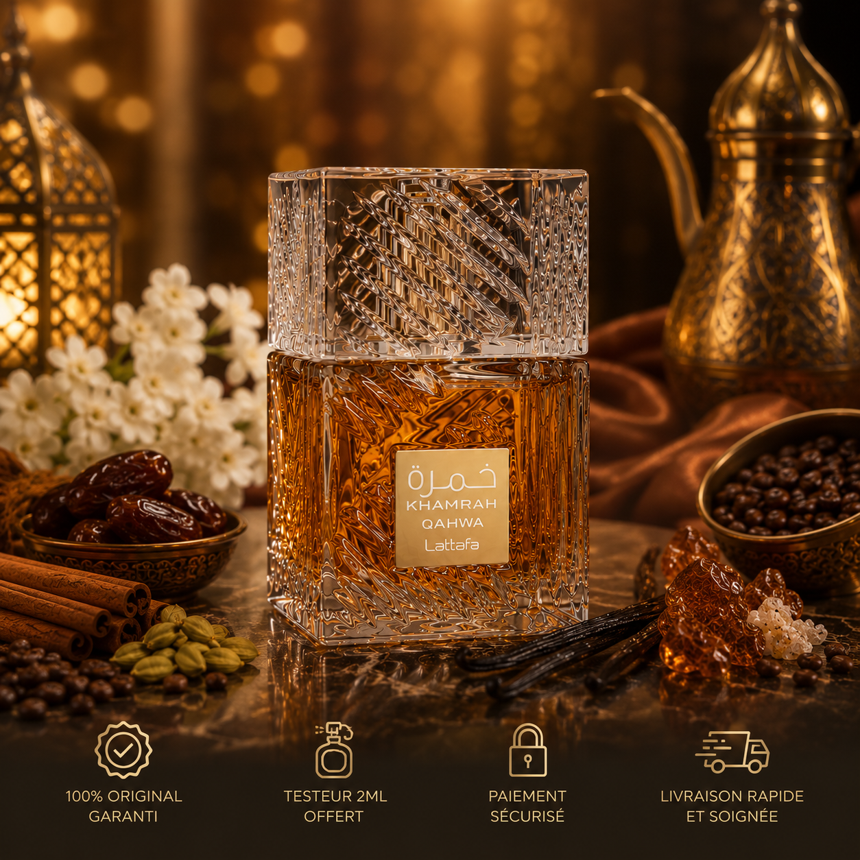 Khamrah Qahwa Lattafa bouteille seule dans une ambiance orientale luxueuse avec notes gourmandes et éléments de rassurance Fashion Victims