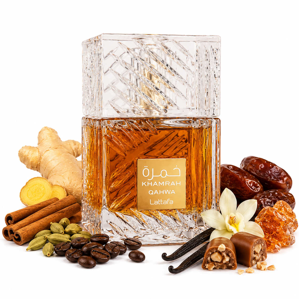 Khamrah Qahwa Lattafa bouteille seule sur fond blanc avec gingembre, cannelle, cardamome, café, vanille et dattes