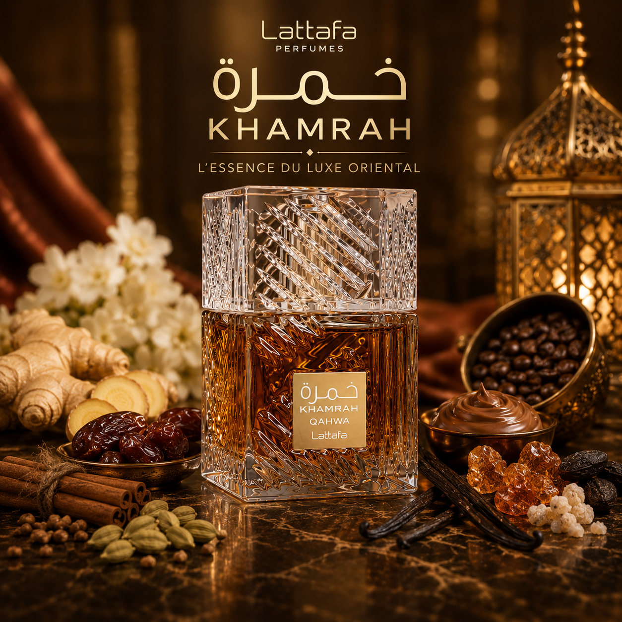 Affiche promotionnelle Khamrah Qahwa Lattafa avec bouteille, ambiance orientale raffinée et univers gourmand café vanille épices
