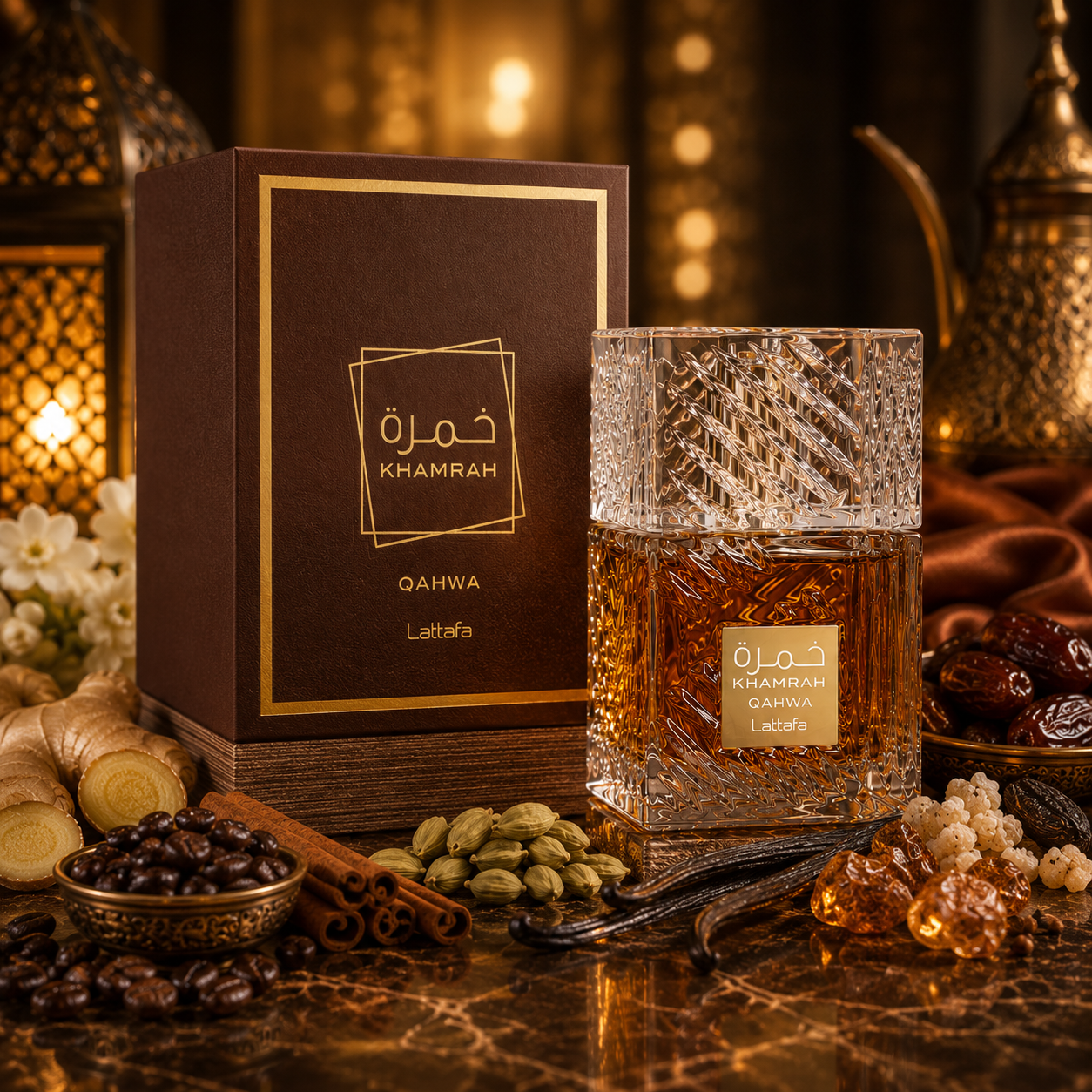 Khamrah Qahwa Lattafa avec boîte et bouteille dans un décor oriental premium aux notes de café, gingembre, vanille et épices