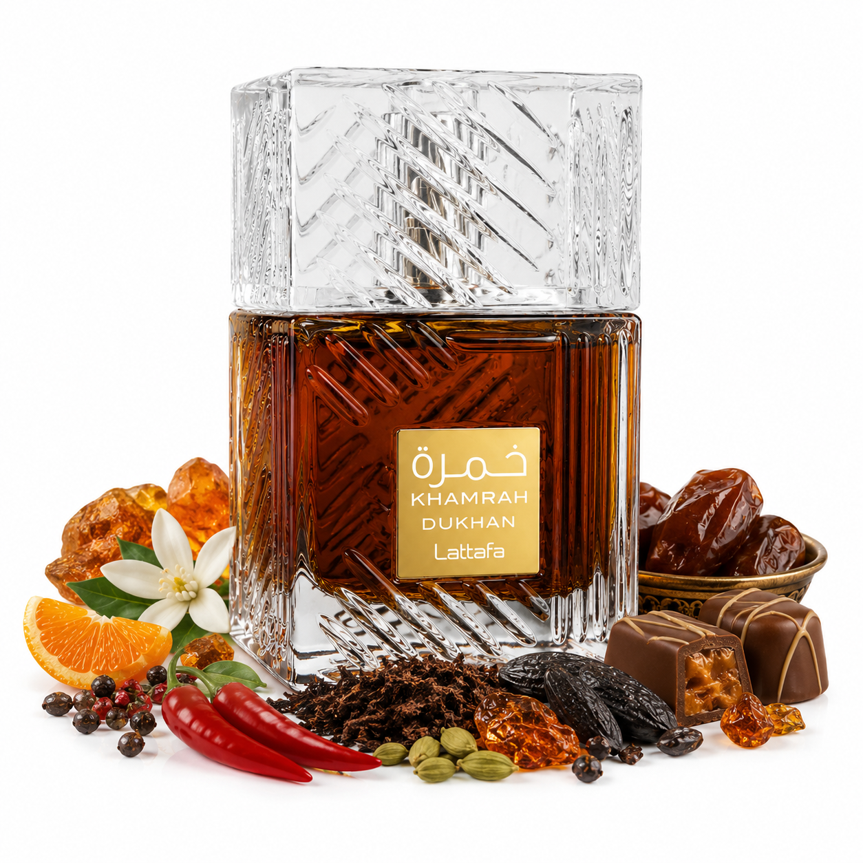Khamrah Dukhan Lattafa flacon 100ML sur fond blanc avec notes olfactives gourmandes et épicées