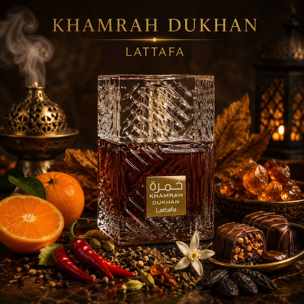 Khamrah Dukhan Lattafa bouteille seule parfum oriental gourmand aux notes épicées, tabac et praliné