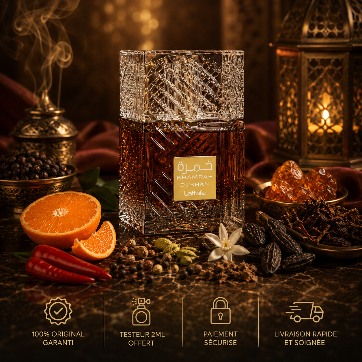 Khamrah Dukhan Lattafa parfum original avec testeur 2ML offert, paiement sécurisé et livraison rapide