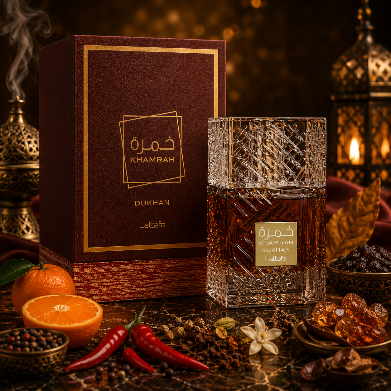 Khamrah Dukhan Lattafa avec boîte et bouteille dans une ambiance orientale gourmande et épicée