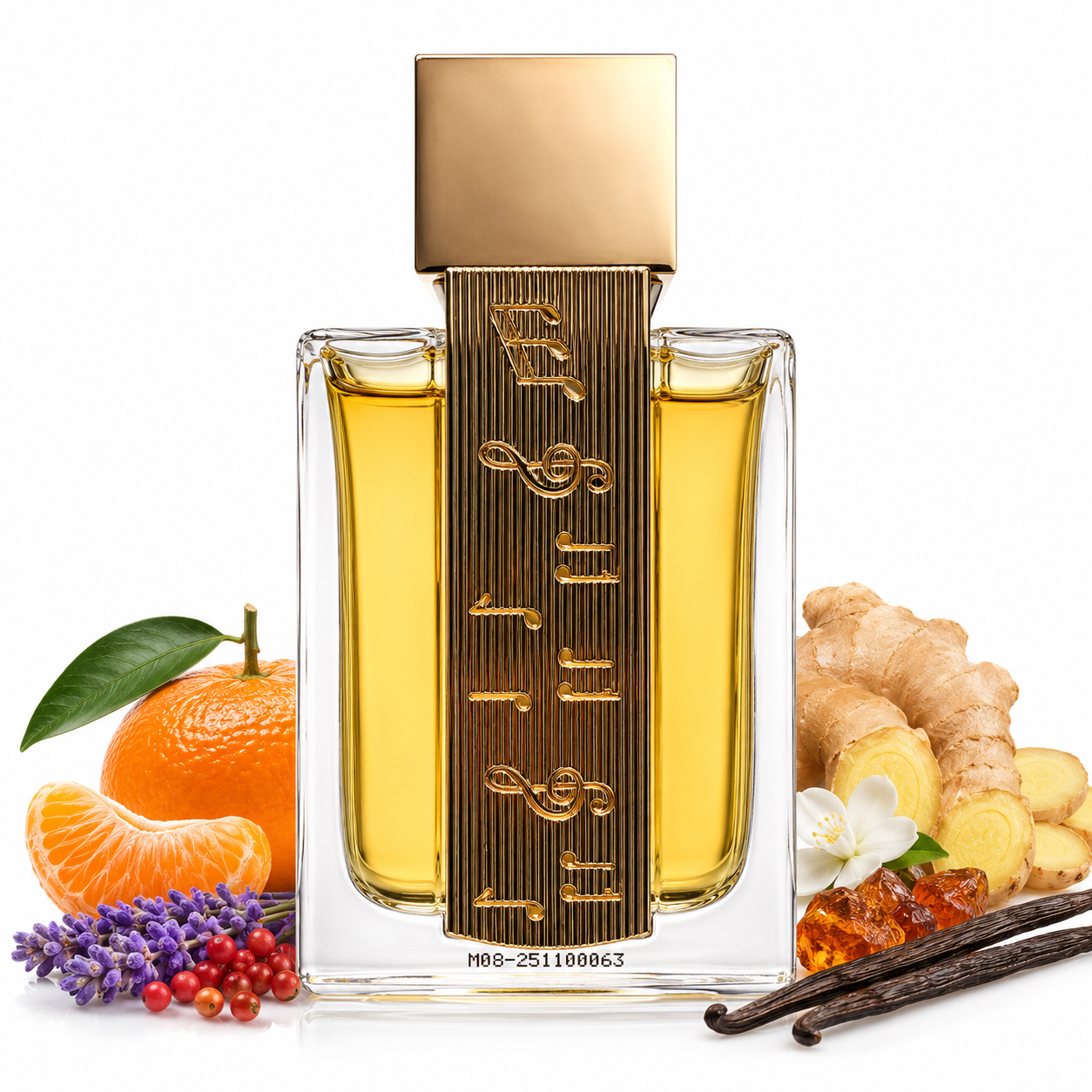 Bouteille Lattafa Angham parfum gourmand sur fond blanc avec clémentine, gingembre, lavande, vanille et ambre