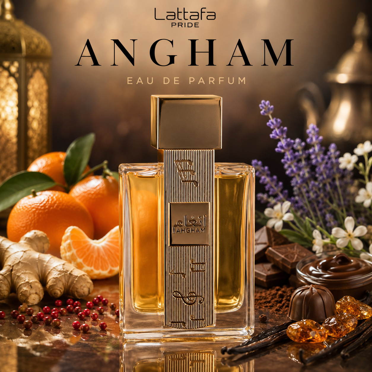 Lattafa Pride Angham Eau de Parfum visuel premium avec bouteille originale et ambiance gourmande clémentine, chocolat, vanille et lavande