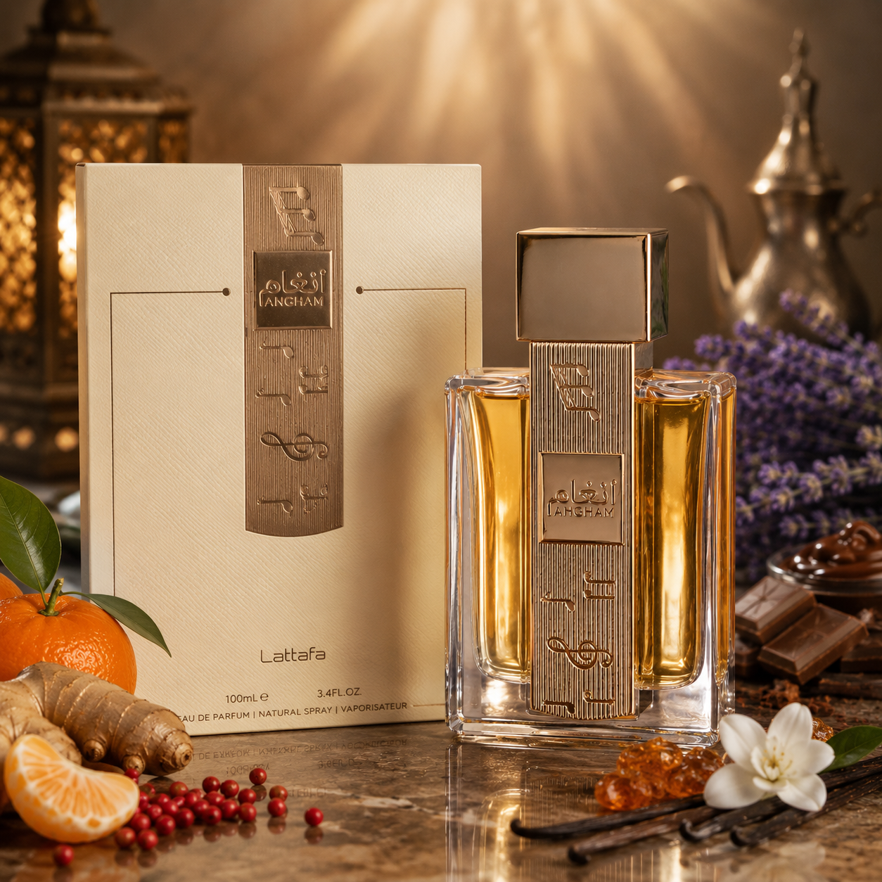 Lattafa Angham avec boîte et bouteille parfum gourmand oriental dans une ambiance luxe aux notes de clémentine, gingembre, lavande et vanille
