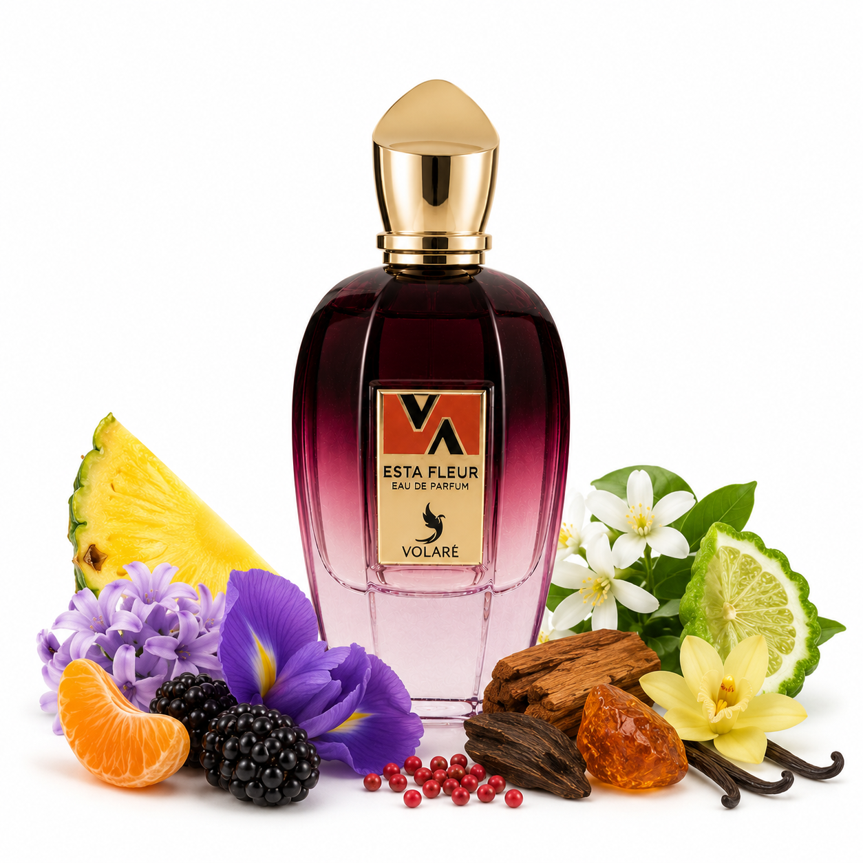 Volaré Esta Fleur eau de parfum 100ml bouteille seule sur fond blanc avec notes fruitées florales et boisées