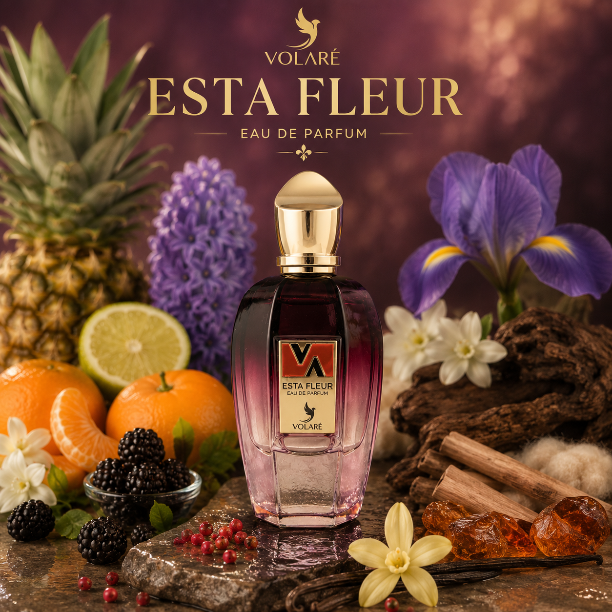 Volaré Esta Fleur eau de parfum visuel premium avec ananas agrumes mûre fleurs iris oud vanille