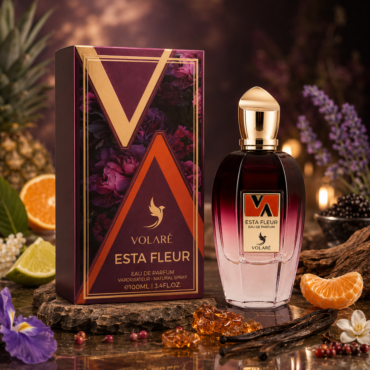 Volaré Esta Fleur eau de parfum 100ml avec boîte officielle et bouteille dans ambiance luxe florale fruitée
