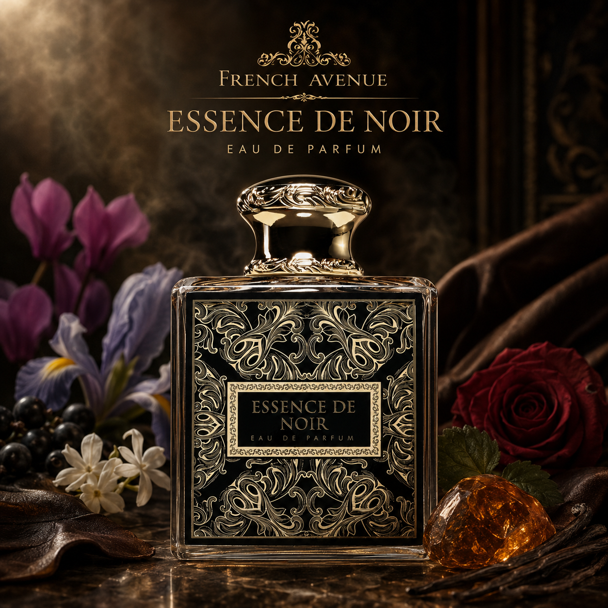 Essence de Noir French Avenue eau de parfum 100 ml, flacon noir et or dans une ambiance florale cuirée luxueuse inspirée du cassis, iris, rose, cuir et vanille.