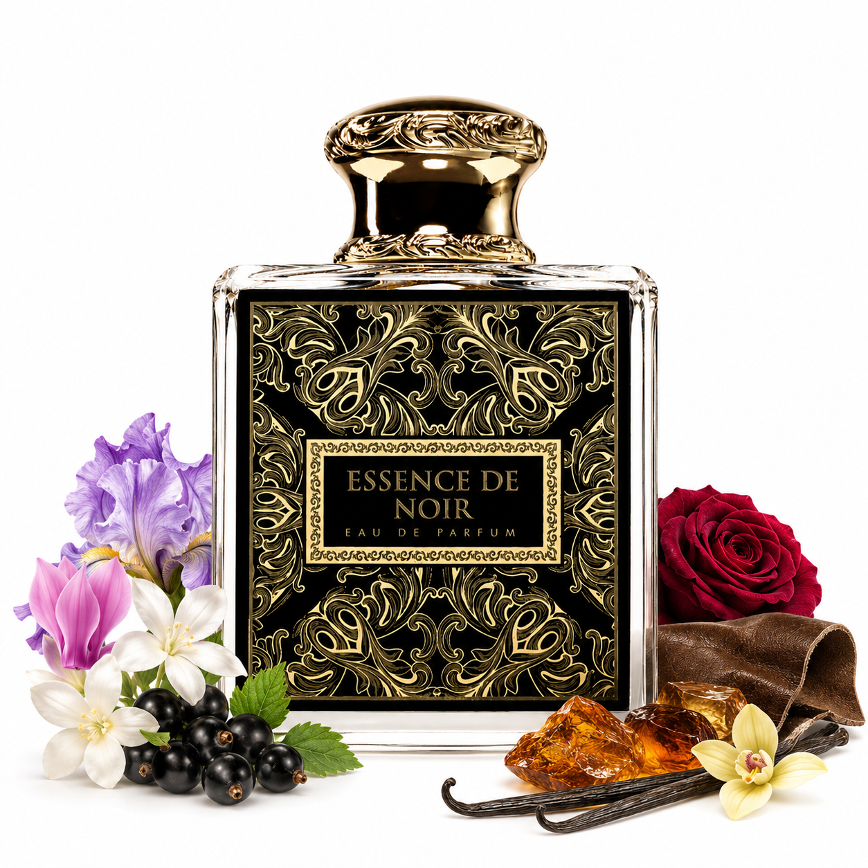 Flacon Essence de Noir French Avenue eau de parfum 100 ml sur fond blanc avec visuel raffiné des notes florales, cassis, cuir, ambre et vanille.