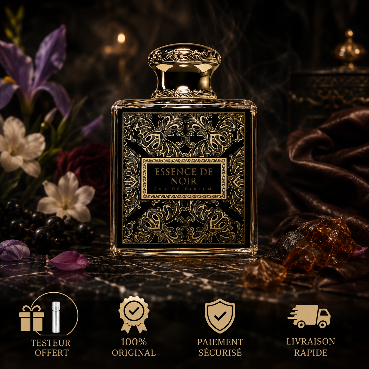 Essence de Noir French Avenue eau de parfum avec testeur offert, 100 % original, paiement sécurisé et livraison rapide dans un visuel premium noir et or.