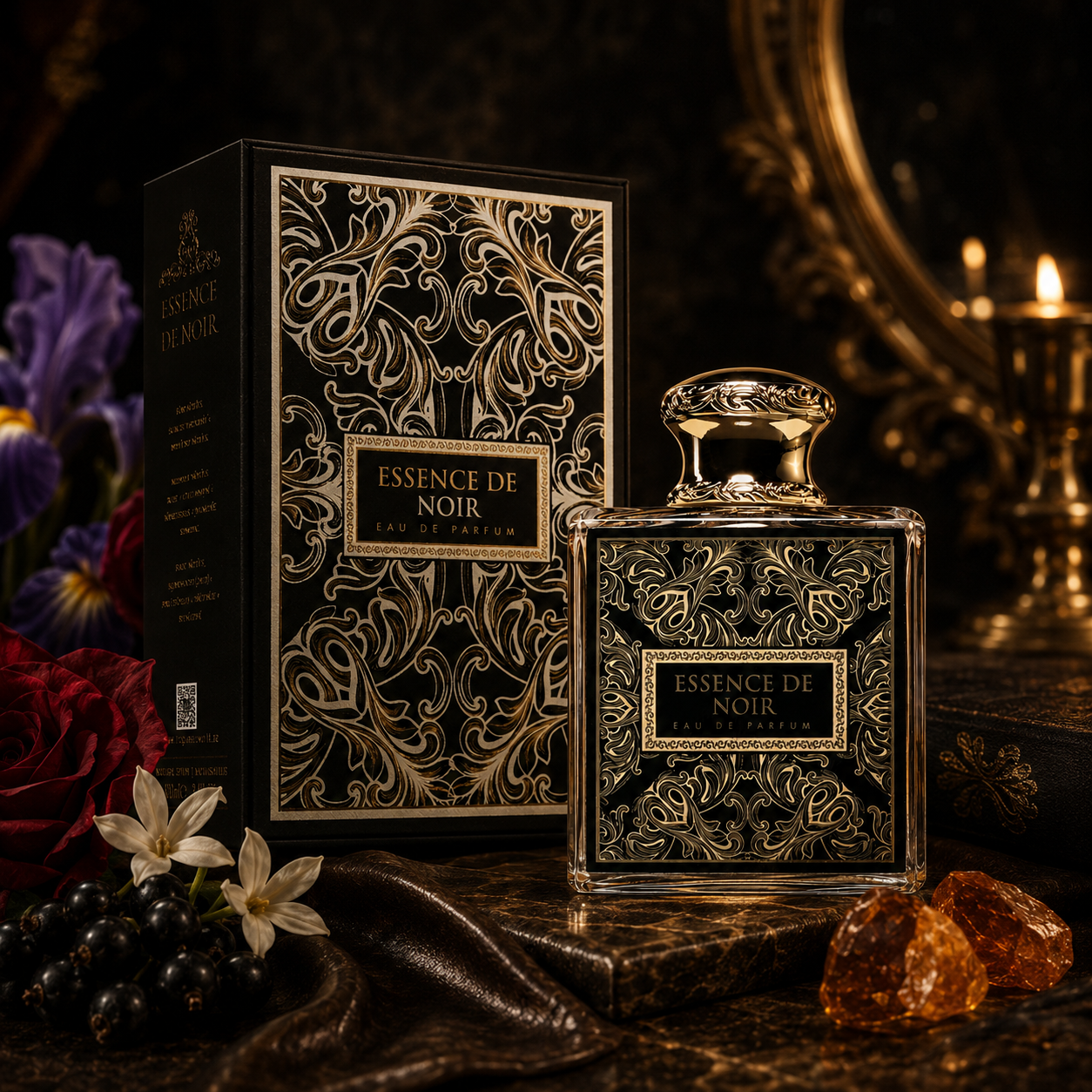 Coffret Essence de Noir French Avenue avec boîte et flacon noir et or, parfum floral cuiré dans une mise en scène élégante aux notes d’ambre, rose et vanille.