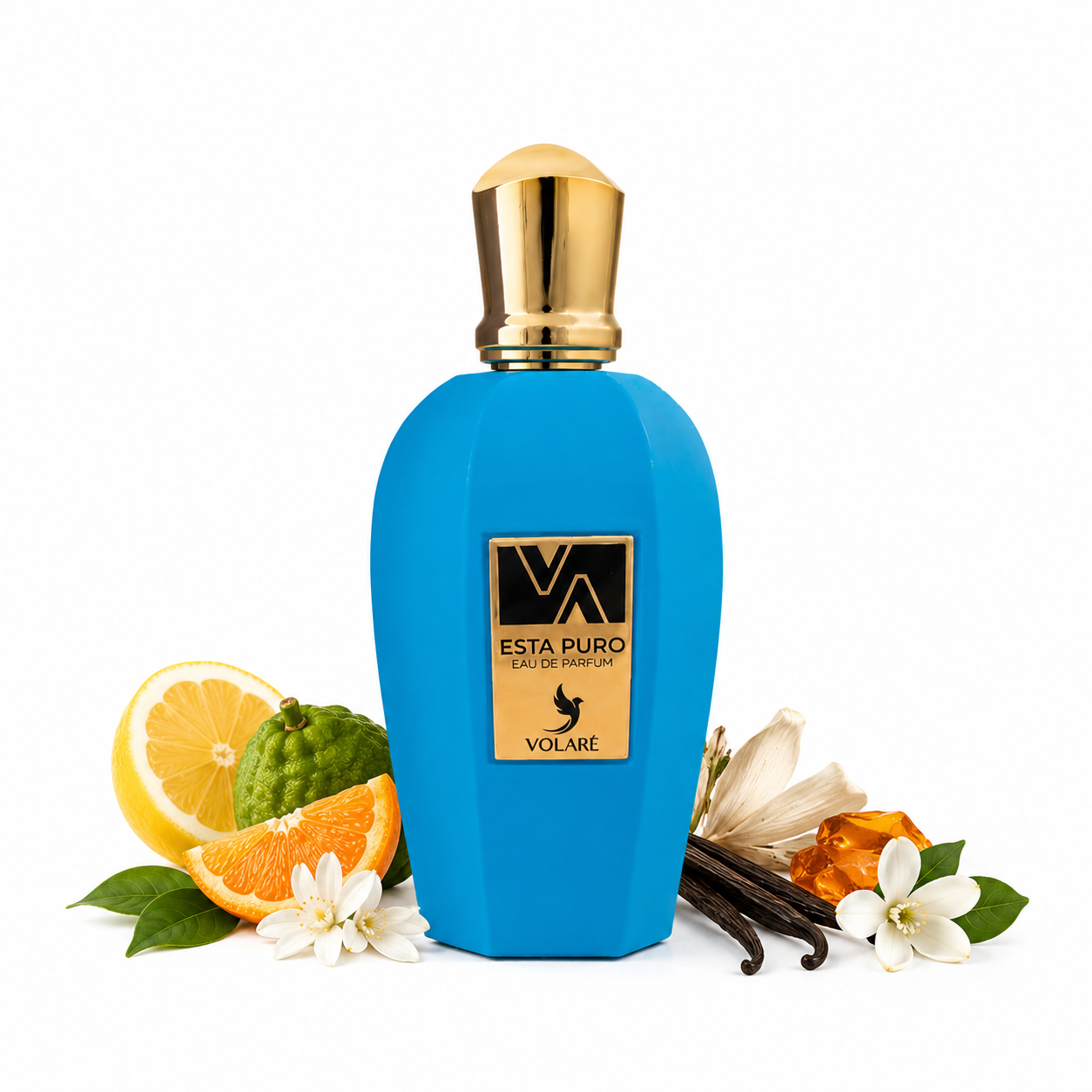 Flacon Esta Puro Volaré eau de parfum 100 ml sur fond blanc avec agrumes, fleur blanche, vanille et ambre évoquant une fragrance fraîche, musquée et solaire.