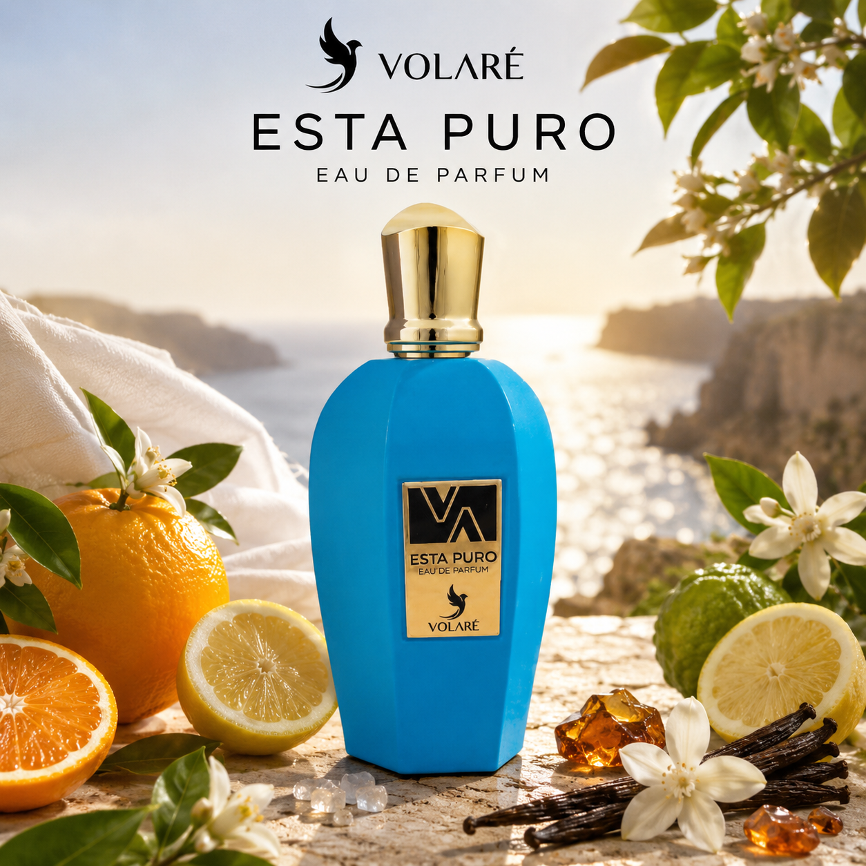 Esta Puro Volaré eau de parfum 100 ml, flacon bleu turquoise dans une ambiance solaire méditerranéenne aux notes d’agrumes, musc blanc, vanille et ambre.