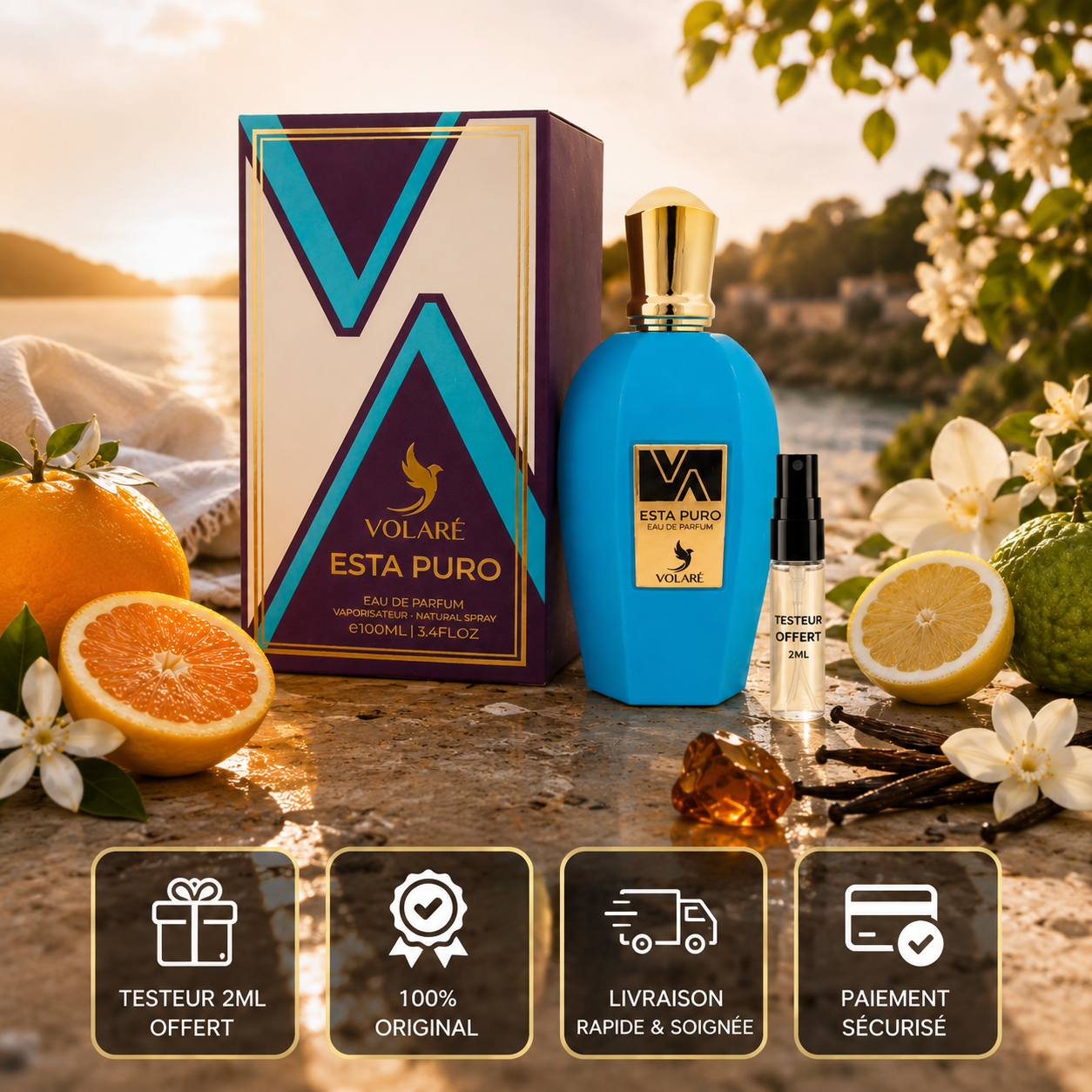 Esta Puro Volaré eau de parfum avec testeur 2ML offert, 100 % original, livraison rapide et paiement sécurisé dans un visuel premium solaire.