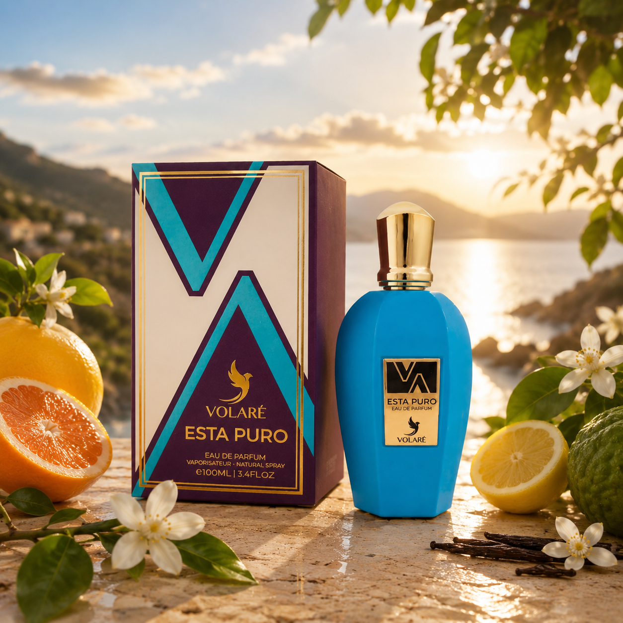 Coffret Esta Puro Volaré avec boîte et flacon bleu turquoise dans une ambiance lumineuse inspirée des agrumes siciliens, musc et vanille de Madagascar.