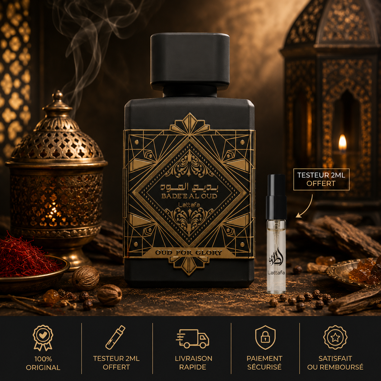 Lattafa Oud for Glory Bade’e Al Oud avec testeur 2ML offert, 100 % original, livraison rapide, paiement sécurisé et satisfait ou remboursé dans un visuel premium oriental.