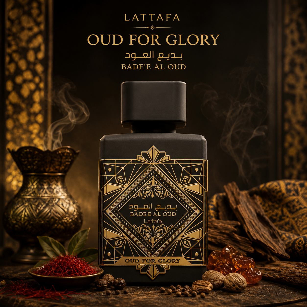 Lattafa Oud for Glory Bade’e Al Oud eau de parfum 100 ml, flacon noir et or dans une ambiance orientale luxueuse aux notes de safran, noix de muscade, oud, patchouli et musc.