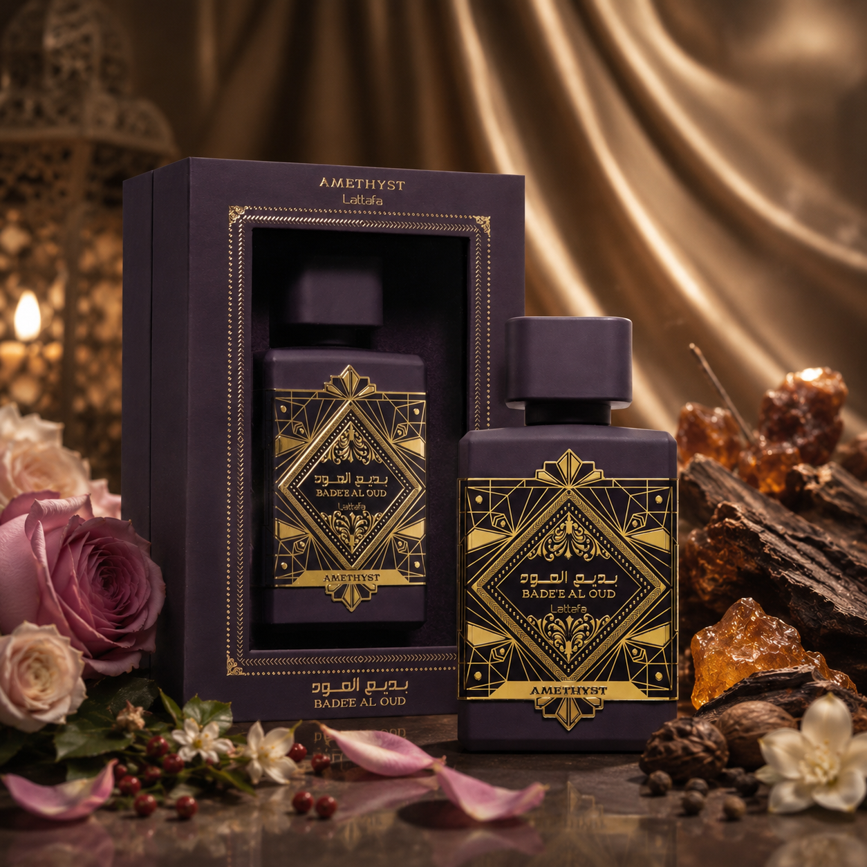 Coffret Lattafa Bade’e Al Oud Amethyst avec boîte et flacon violet dans une ambiance orientale florale raffinée inspirée de la rose, du jasmin, du oud et de l’ambre.