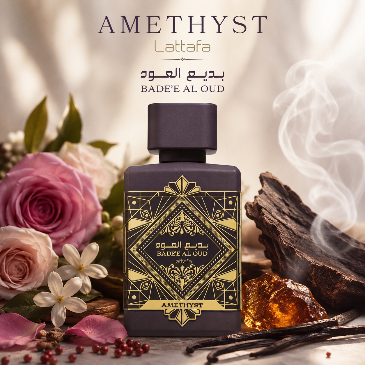 Lattafa Bade’e Al Oud Amethyst eau de parfum 100 ml, flacon violet et or dans une ambiance florale orientale luxueuse aux notes de rose, bergamote, oud, ambre et vanille.
