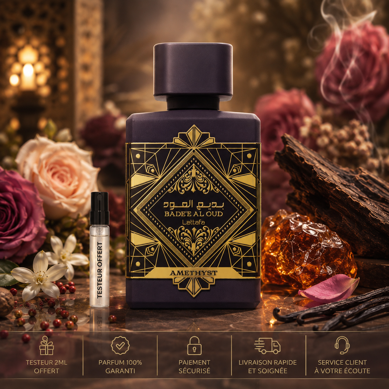 Lattafa Bade’e Al Oud Amethyst avec testeur 2ML offert, parfum 100 % original, paiement sécurisé et livraison rapide dans un visuel premium floral oriental.