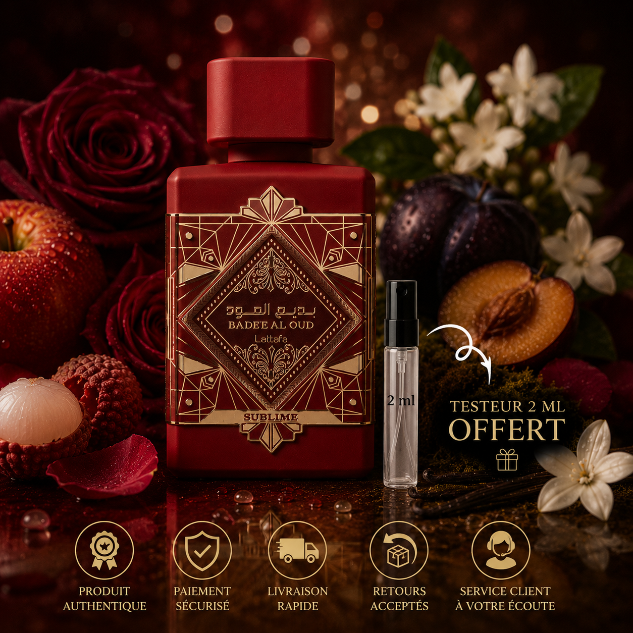 Lattafa Bade’e Al Oud Sublime avec testeur 2ML offert, parfum 100 % original, paiement sécurisé et livraison rapide dans un visuel premium fruité floral.