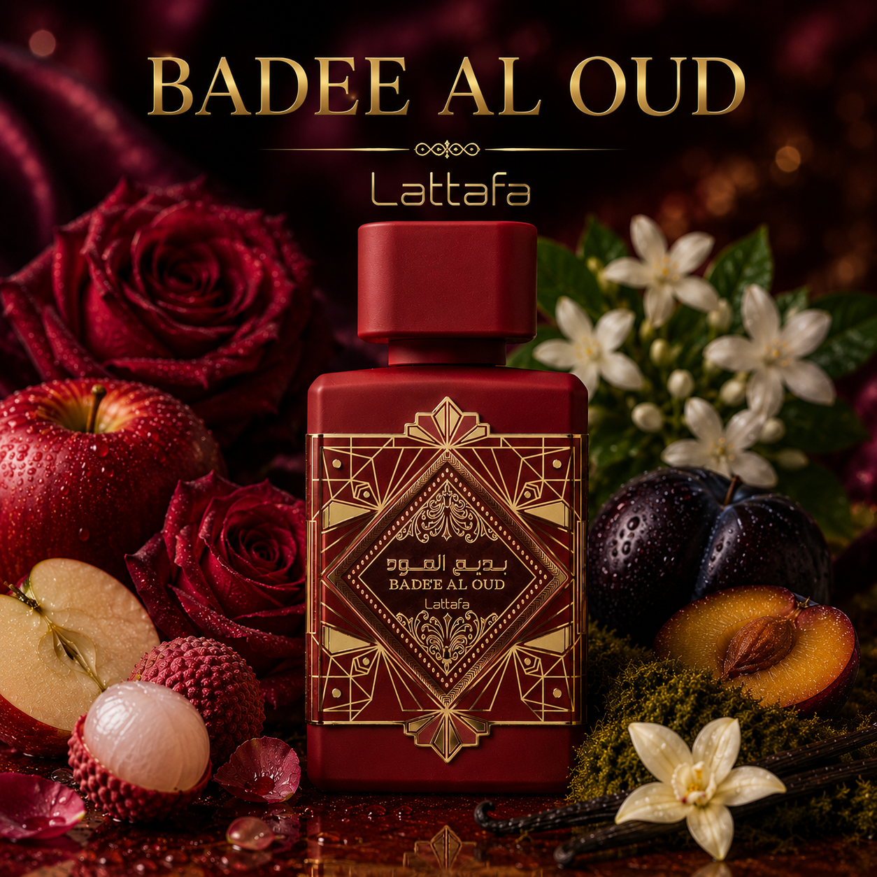 Lattafa Bade’e Al Oud Sublime eau de parfum 100 ml, flacon rouge intense dans une ambiance fruitée florale élégante aux notes de pomme, rose, litchi, prune, vanille et patchouli.