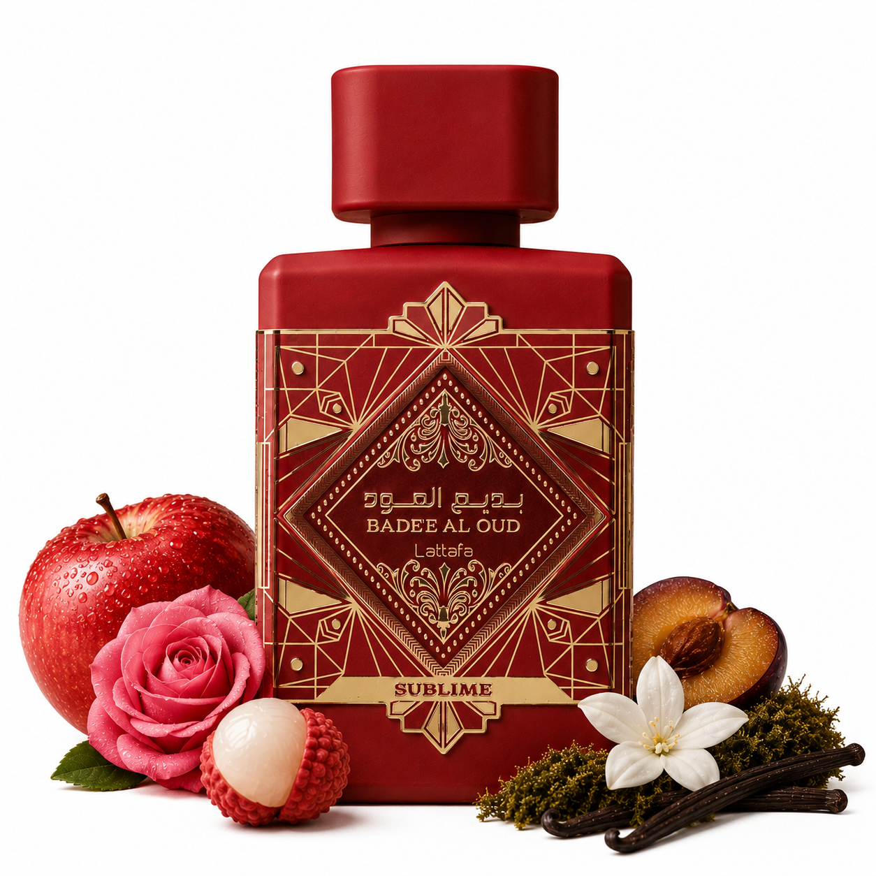 Flacon Lattafa Bade’e Al Oud Sublime eau de parfum 100 ml sur fond blanc avec pomme, rose, litchi, prune, vanille et mousse évoquant une fragrance fruitée, élégante et boisée.
