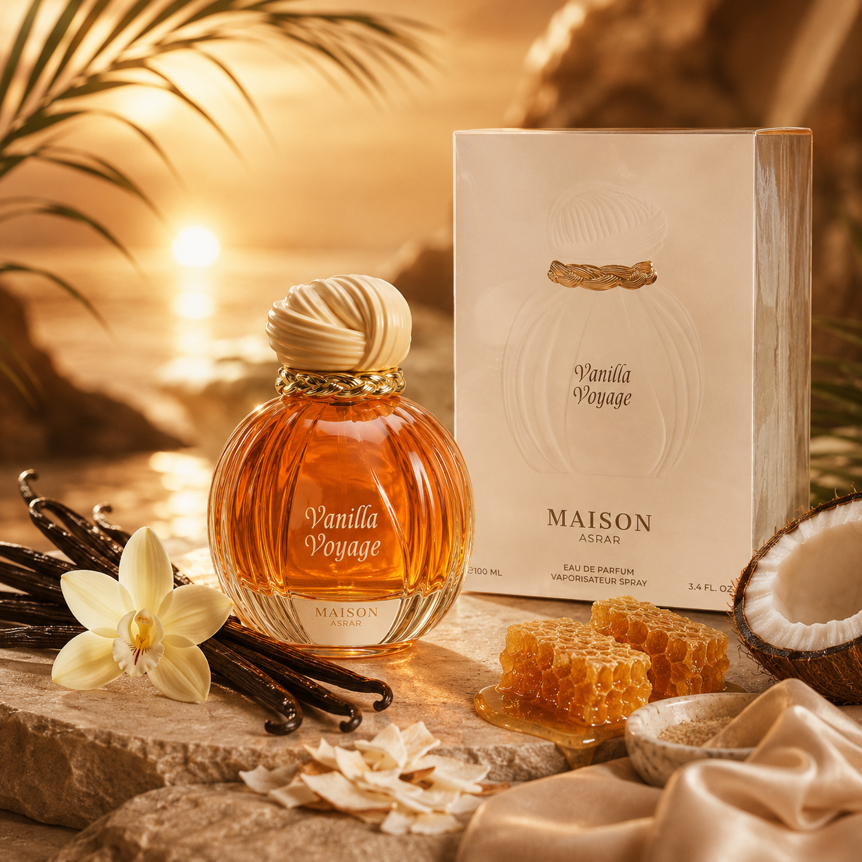 Vanilla Voyage Maison Asrar flacon et coffret parfum gourmand vanillé