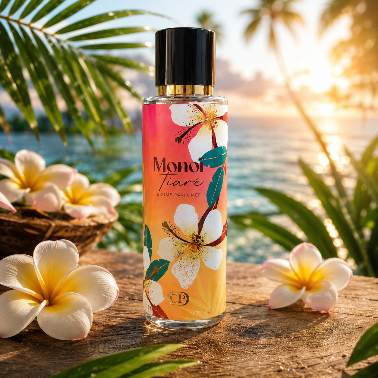 Brume parfumée Monoï Tiaré 250 ml Collection Platinum, fragrance solaire aux notes de monoï et fleur de tiaré, présentée dans une ambiance tropicale au bord d’une piscine.