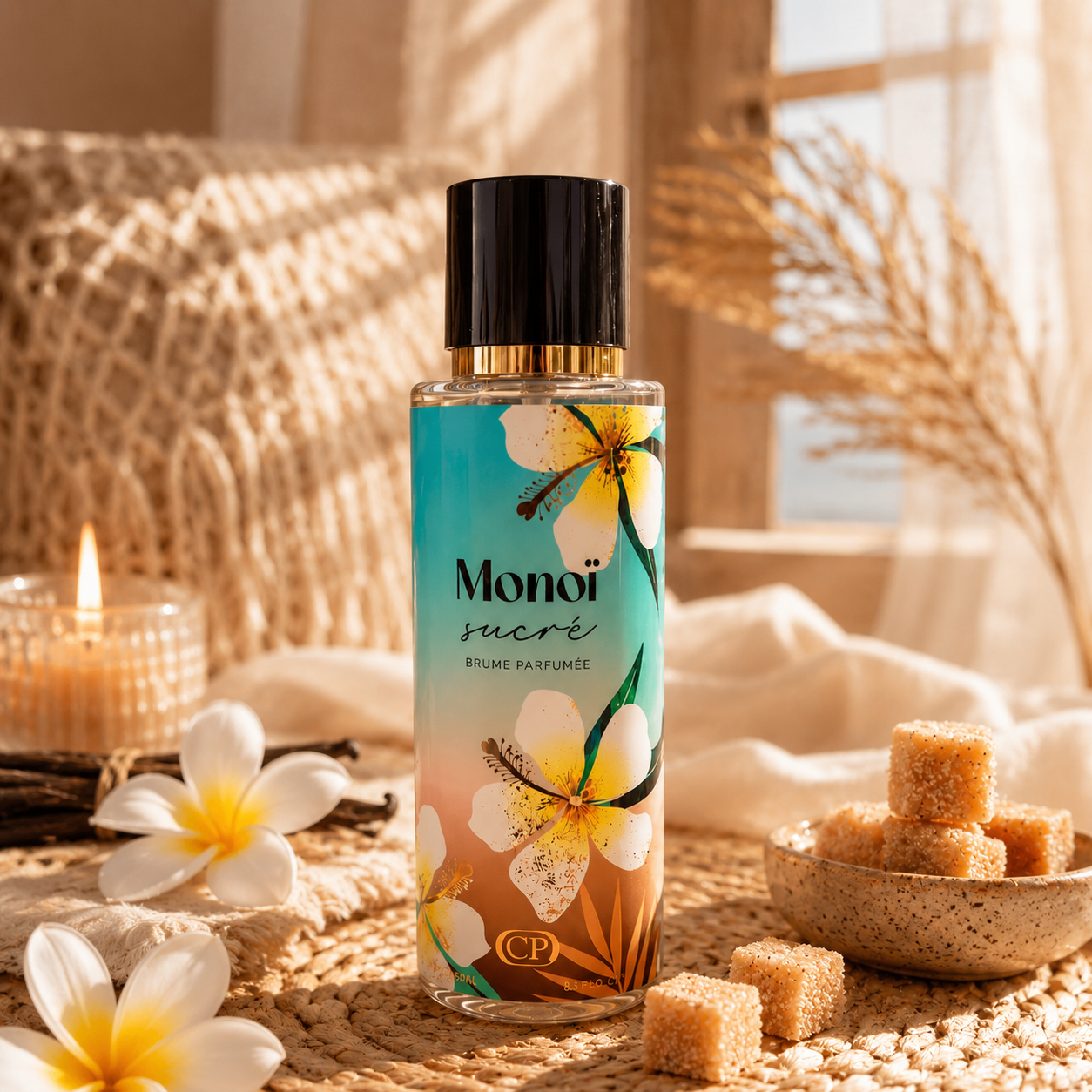 Brume parfumée Monoï Sucré 250 ml Collection Platinum dans une ambiance cocooning bohème chic avec fleurs de tiaré, gousses de vanille et cubes de sucre gourmands.