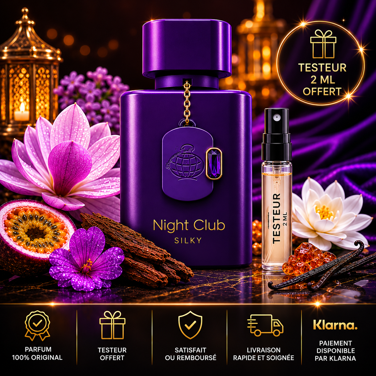 Night Club Silky Fragrance World 100 ml avec testeur 2 ml offert, parfum original aux notes de magnolia, oud, fruit de la passion, vanille de Madagascar et musc.