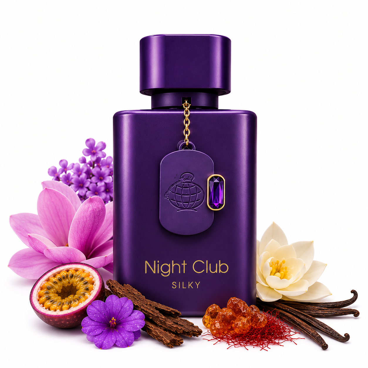 Flacon Night Club Silky Fragrance World 100 ml sur fond blanc avec magnolia, osmanthus, safran, fruit de la passion, vanille de Madagascar et bois précieux.