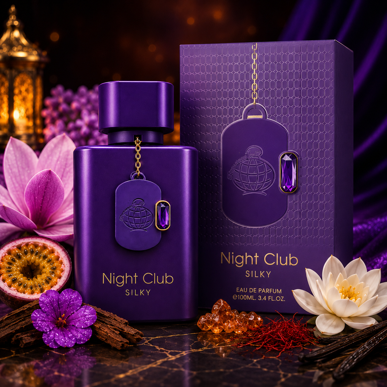 Parfum Night Club Silky Fragrance World 100 ml avec coffret dorigine, présenté dans un univers raffiné mêlant magnolia, tubéreuse, oud, fruit de la passion, vanille et encens.