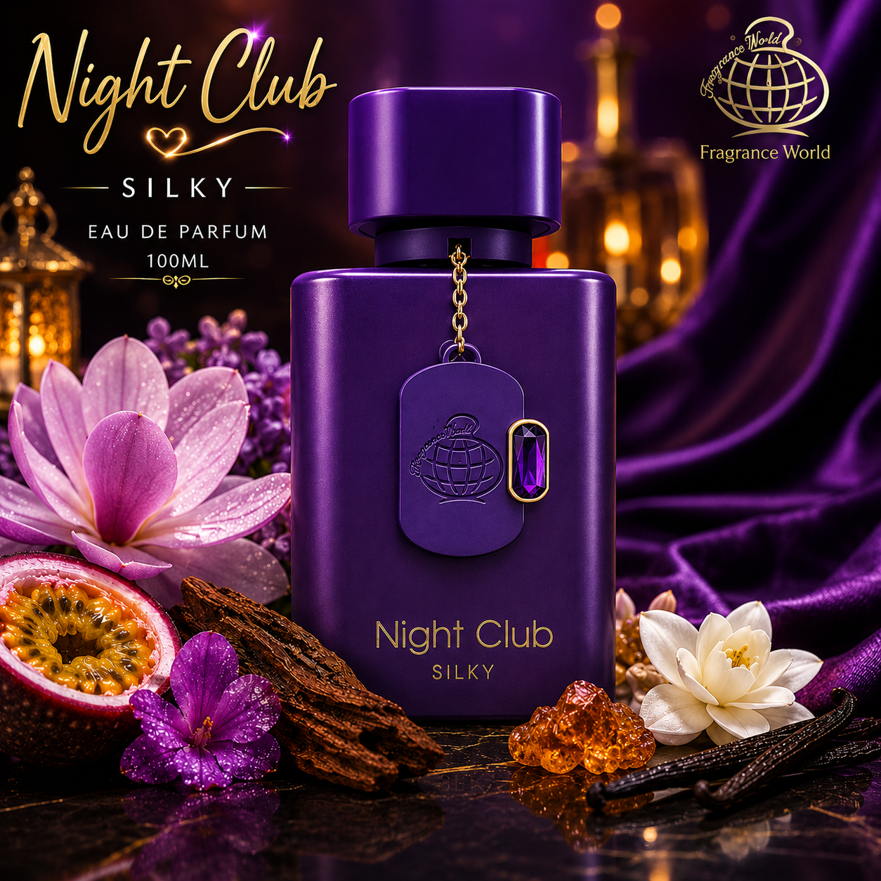 Parfum Night Club Silky Fragrance World 100 ml dans une ambiance luxueuse orientale avec magnolia, fruit de la passion, safran, vanille et notes boisées.