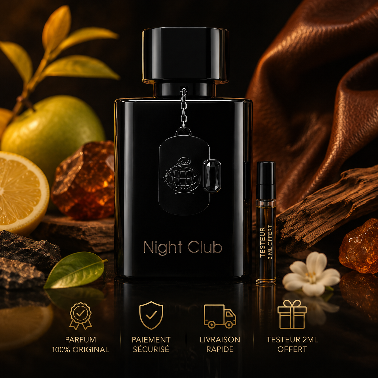 Parfum Night Club Fragrance World 100 ml avec testeur 2 ml offert, parfum original aux notes de bergamote, cuir et bois précieux.