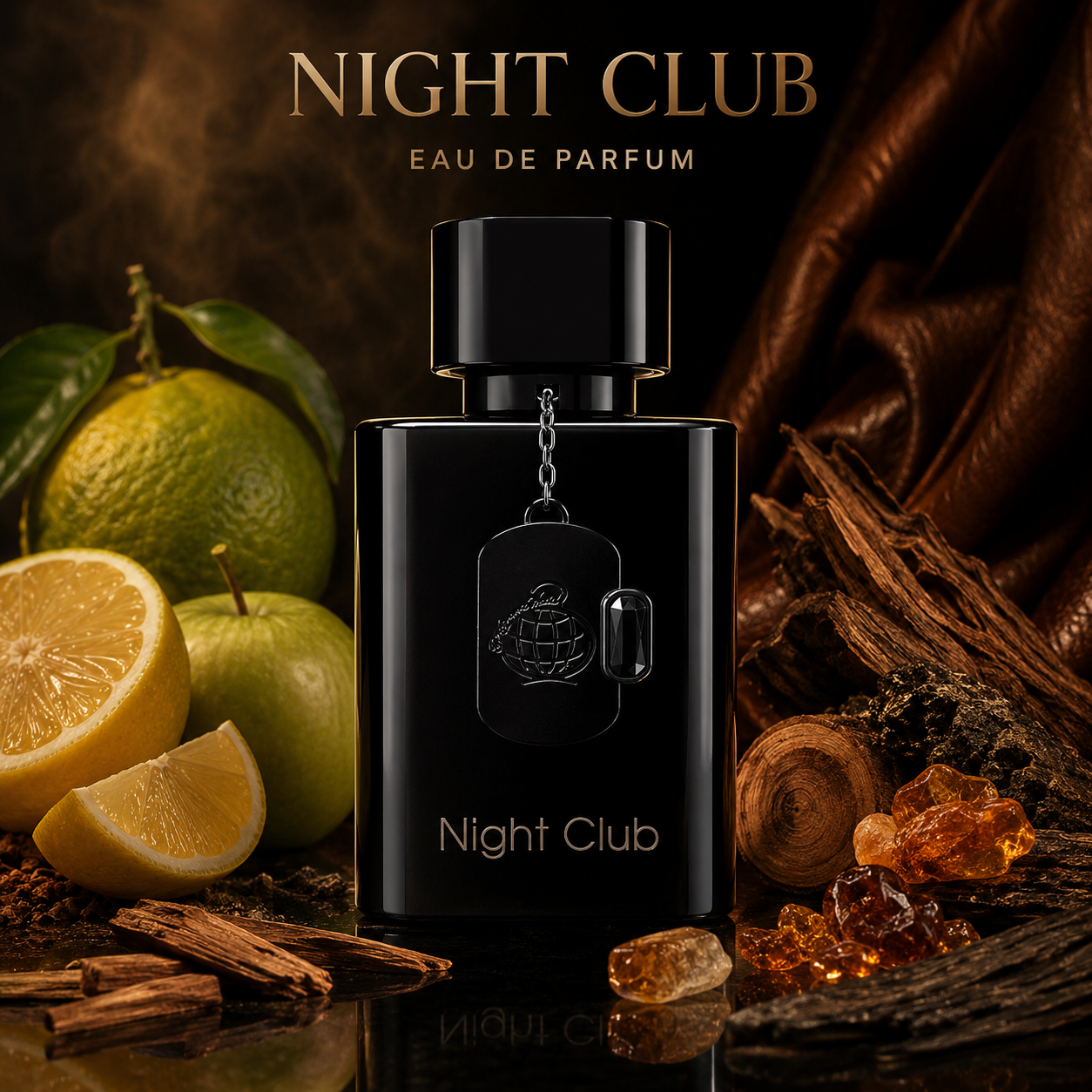 Parfum Night Club Fragrance World avec flacon et boîte noire dans une ambiance luxueuse inspirée des notes boisées, cuirées et ambrées.