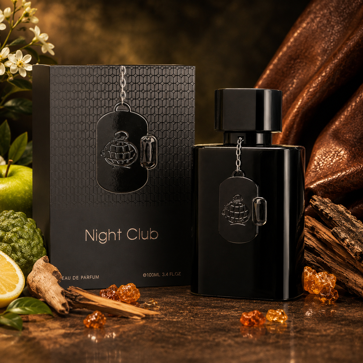 Night Club Fragrance World Eau de Parfum 100 ml avec son coffret, parfum boisé cuiré aux accords de bergamote, santal, ambre et musc.