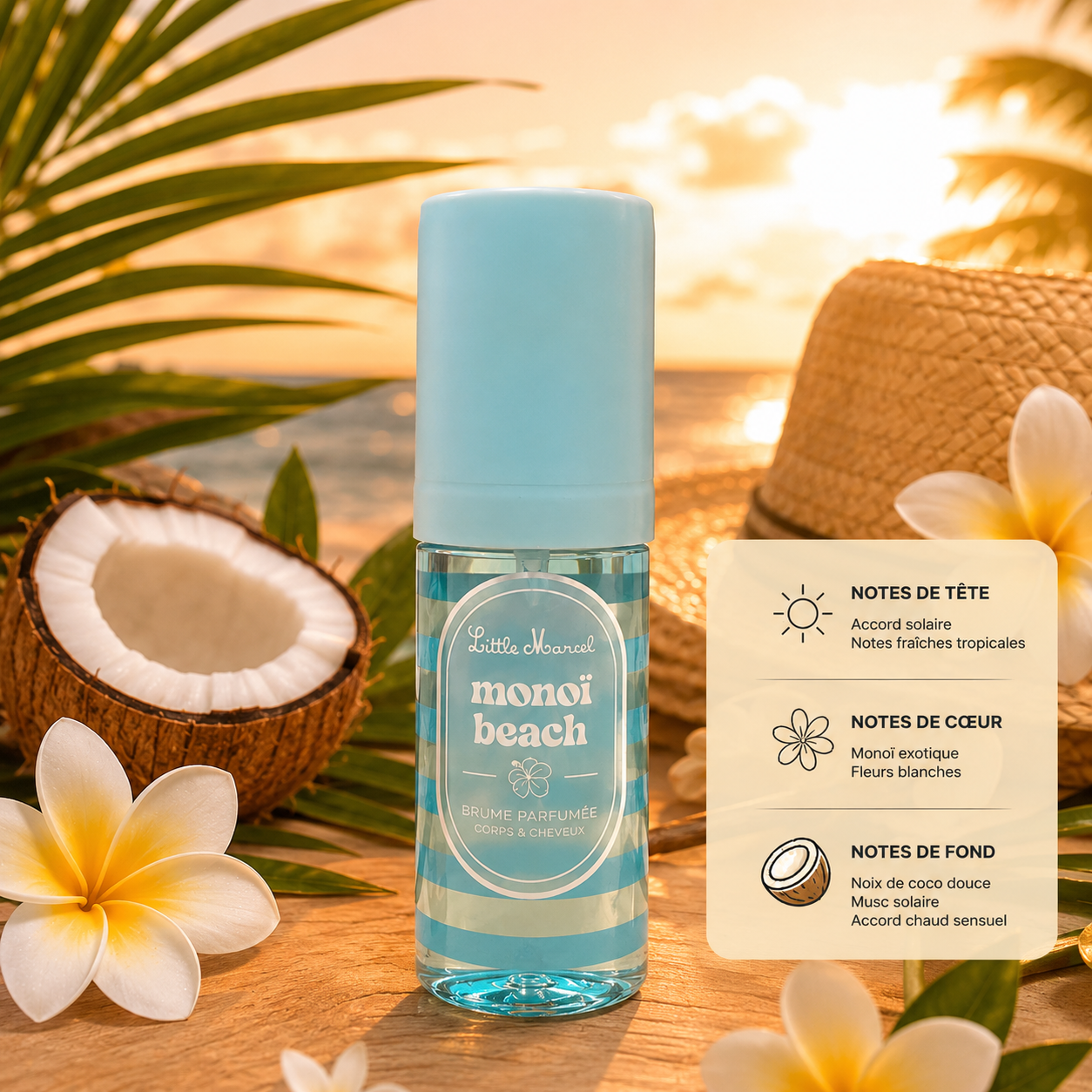 Brume parfumée Little Marcel Monoï Beach 160 ml senteur monoï et coco ambiance plage tropicale.