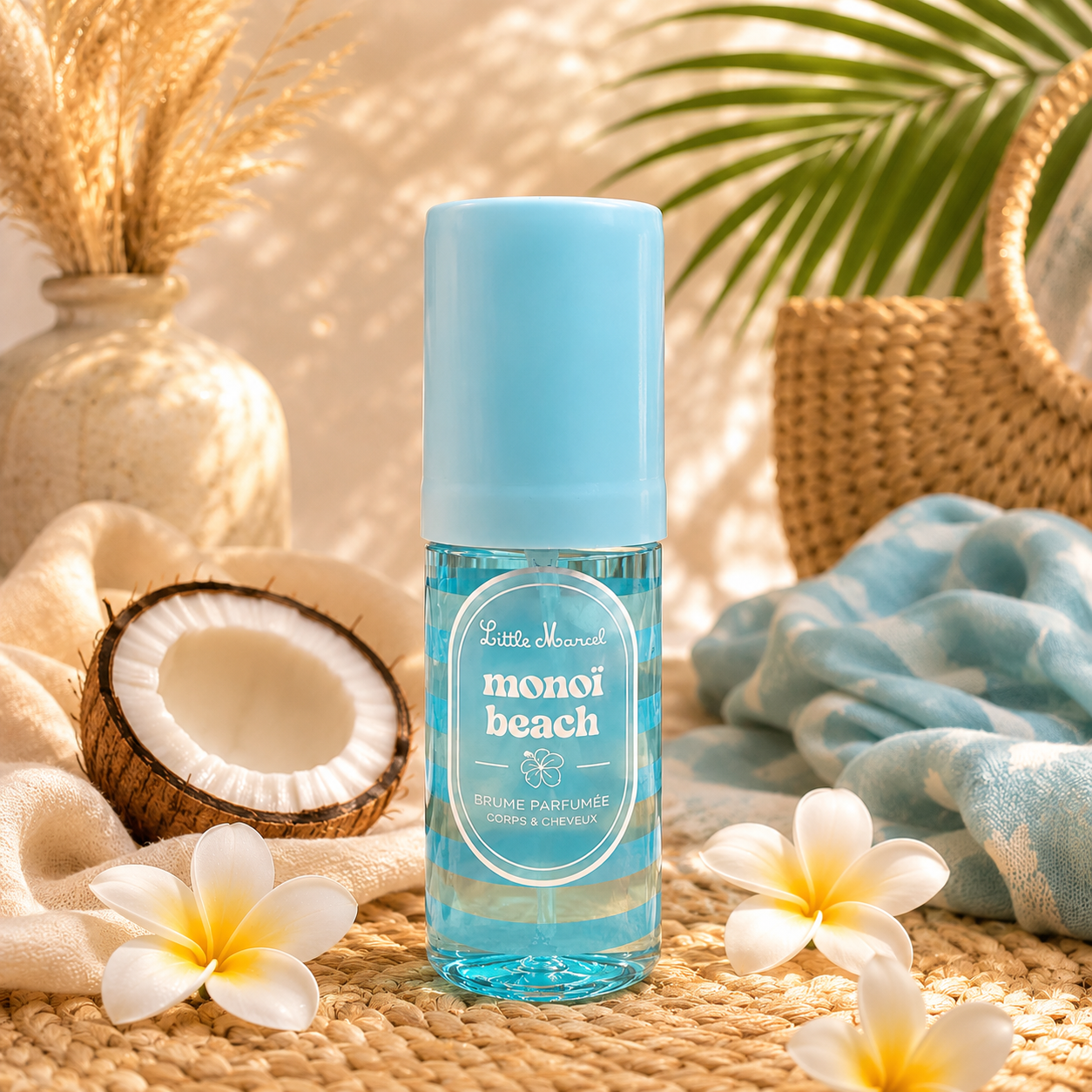 Brume corps et cheveux Little Marcel Monoï Beach 160 ml dans une ambiance estivale bohème chic.
