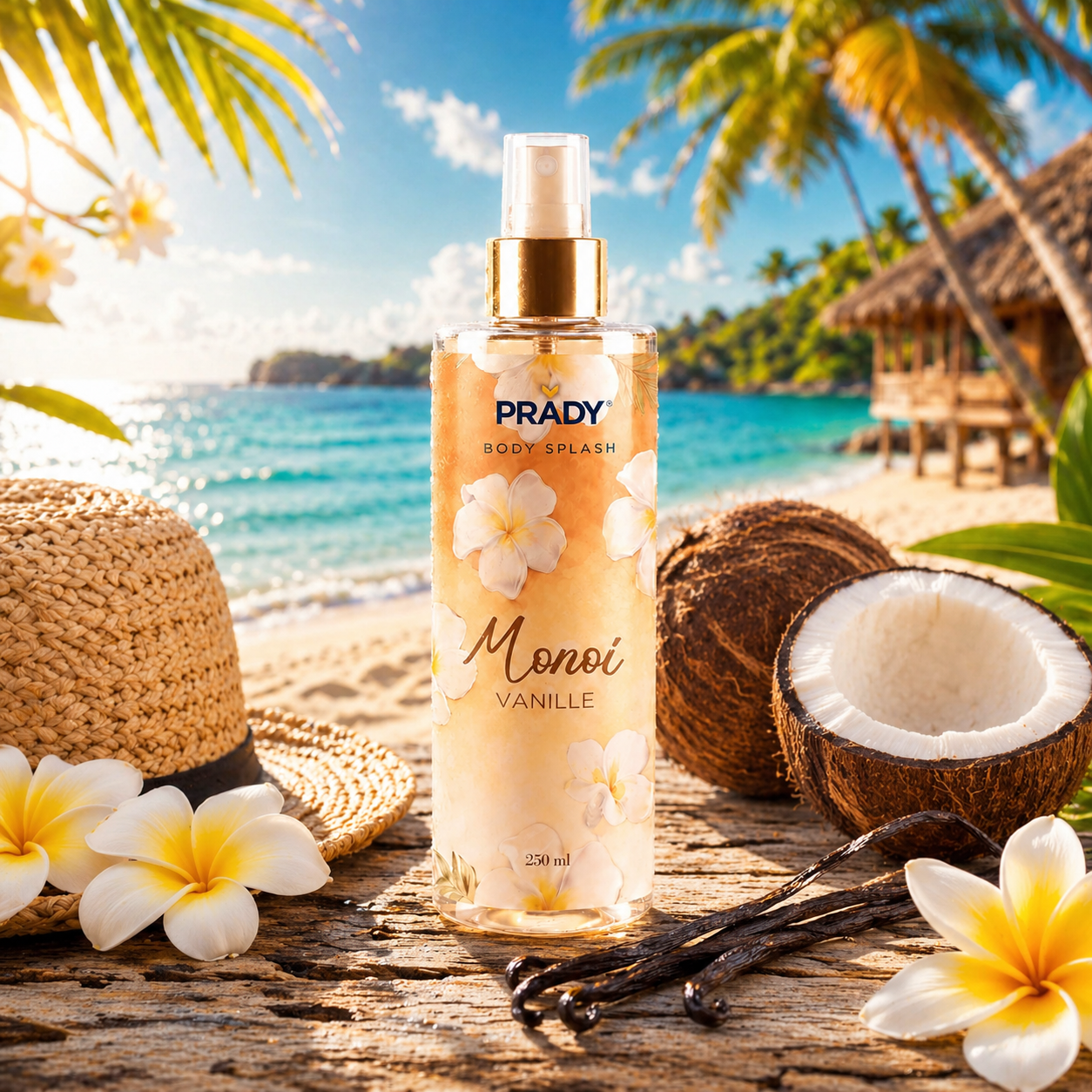 Brume Corps et Cheveux Monoï Vanille Prady 250 ml sur une plage tropicale ensoleillée avec mer turquoise, fleurs exotiques et ambiance vacances dété